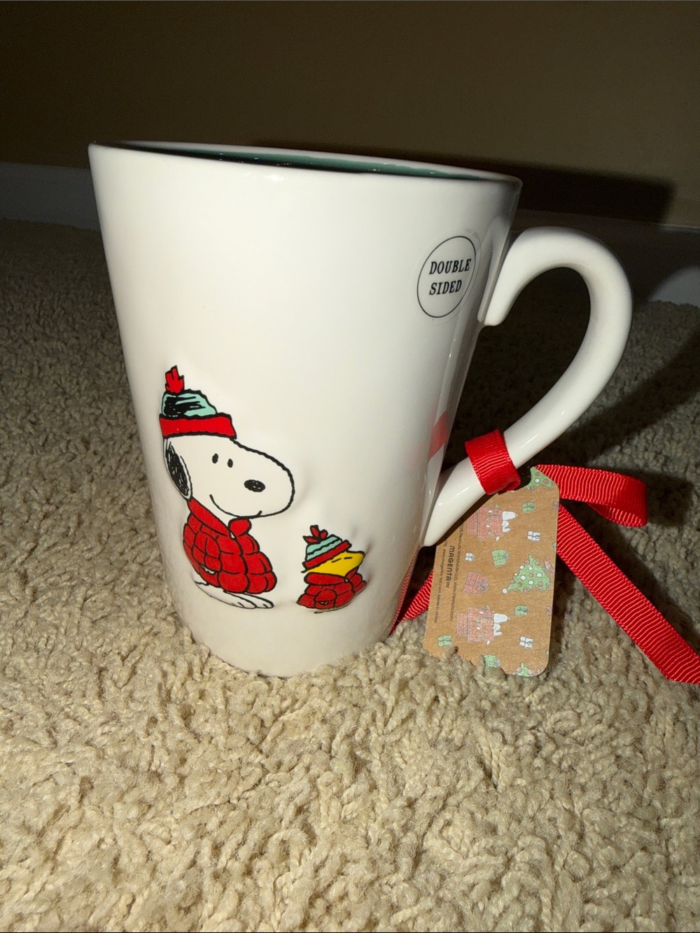 Rae Dunn White Holiday Snoopy & Woodstock Mug with Red Accents